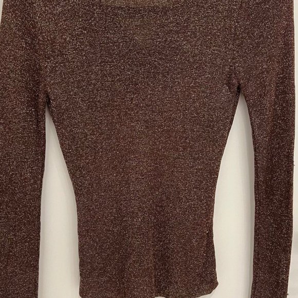 v neck semi sheer ruched shimmer brown top - Picture 2 of 2